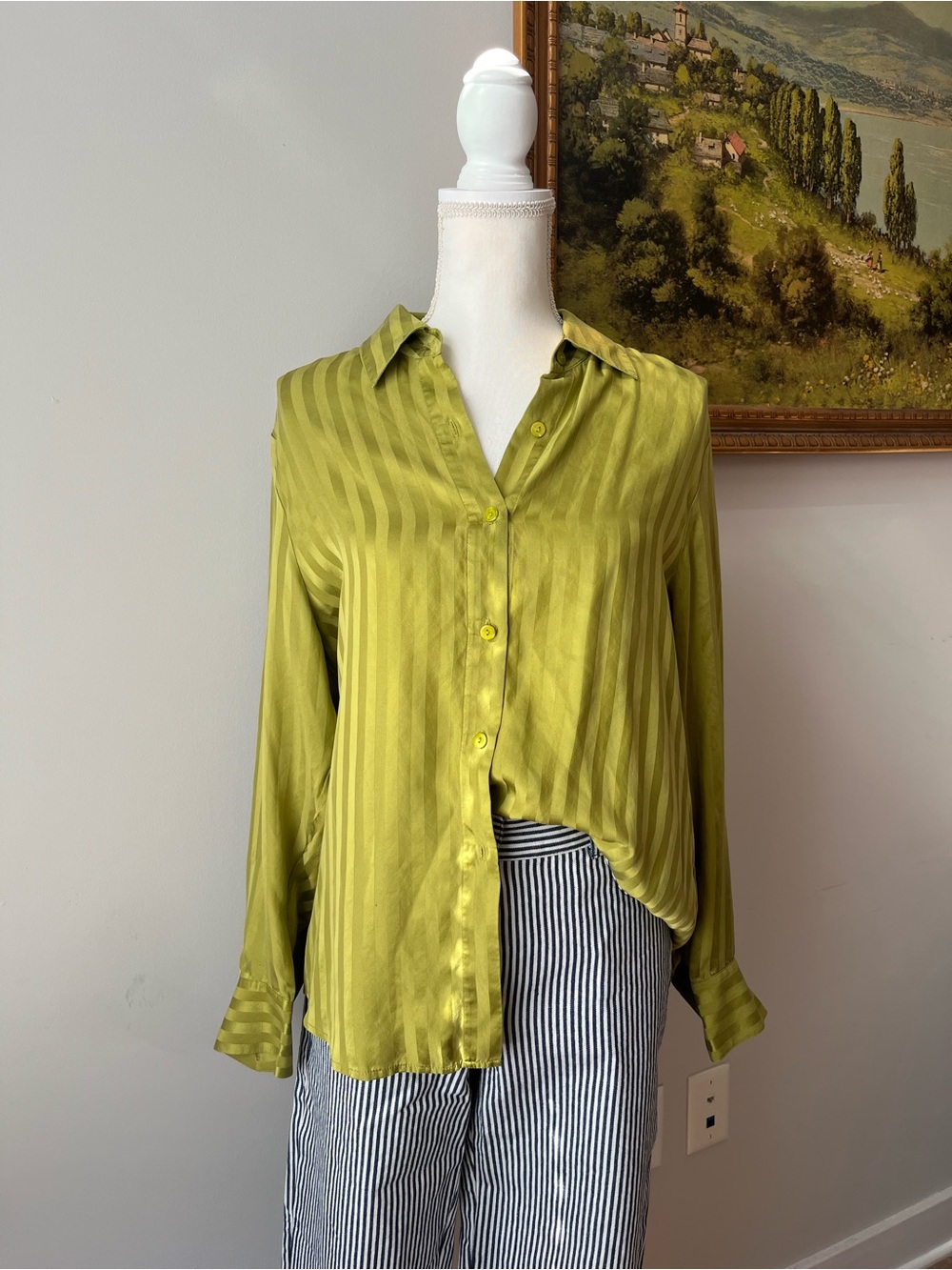 Green Silk Stripe Button-Up Shirt